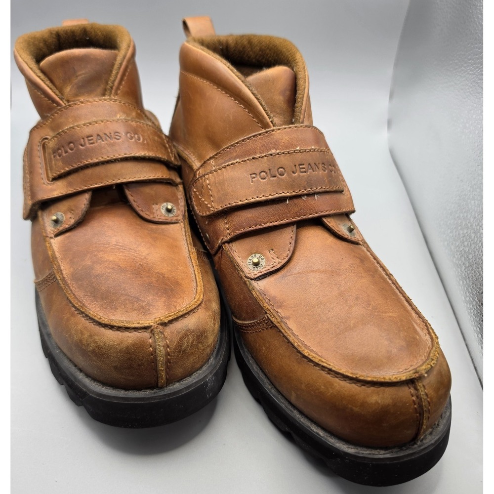 Polo Jeans Co Ralph Lauren Mens 9D Brown Leather Ankle Boots Lug Sole Strap